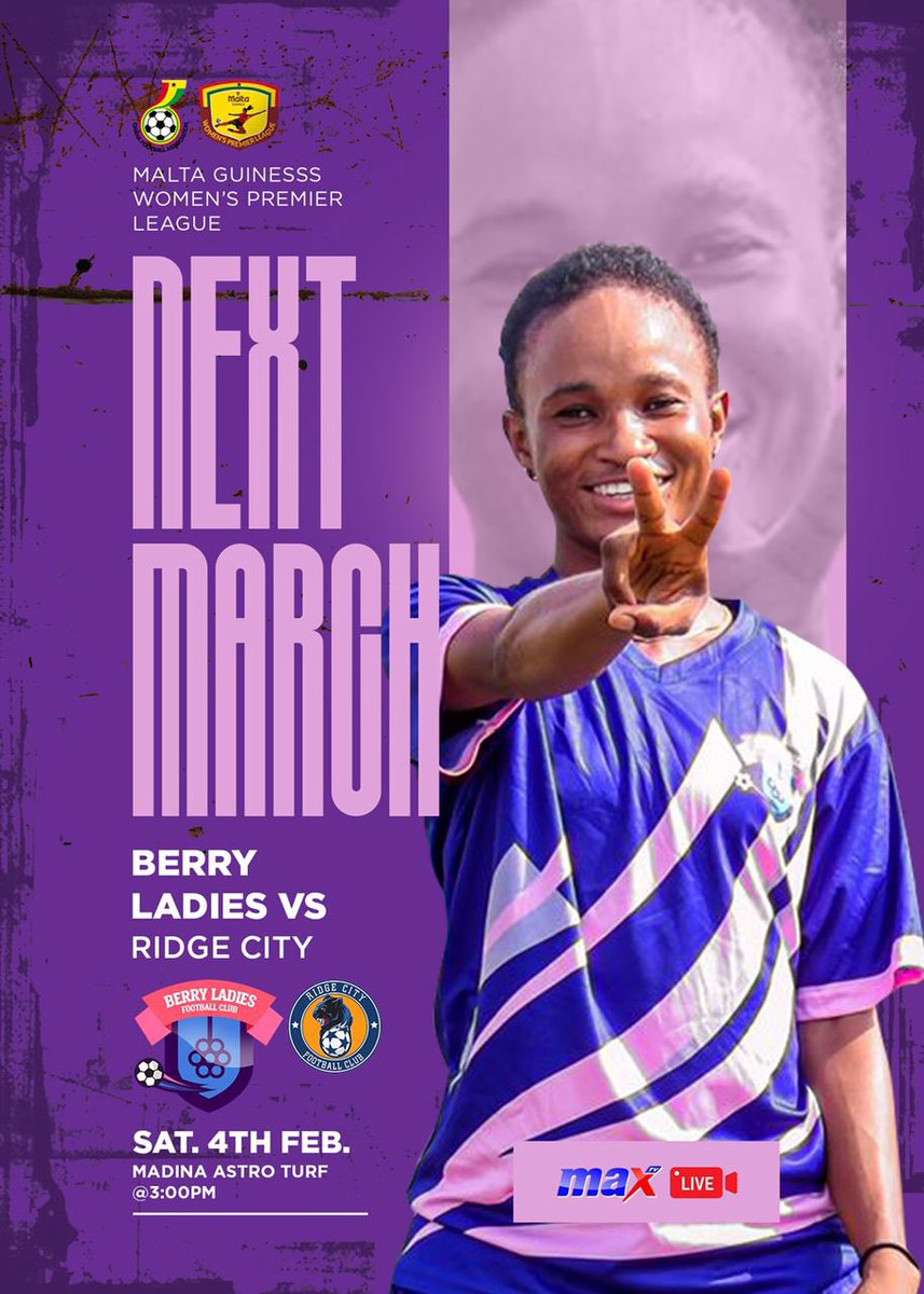 Derby Match Tomorrow 👊🏾💜

🆚 Ridge City Football Club Women 
🏆 Ghana Women’s Premier League
🏟️ Madina Astroturf
⏰ 3:00 PM

We back to League action this weekend and hope to see you soon !

#BerryLadies ||• berryladiesfcgh.com