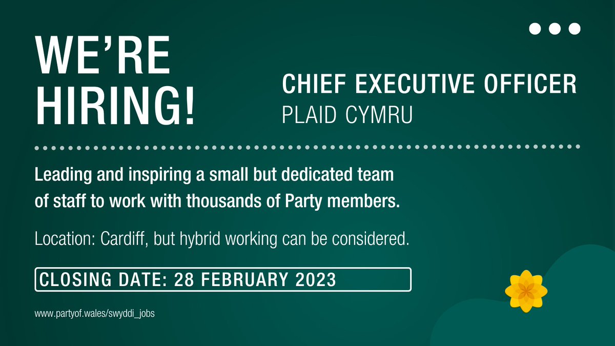 #JOB #VACANCY: Plaid Cymru Chief Executive ⏰ Deadline: 28 February ✍️ Plaid Cymru is looking for a new CEO to oversee the party organisation and lead a small but dedicated team of staff at Plaid Cymru’s headquarters in Ty Gwynfor. 🔗 partyof.wales/swyddi_jobs