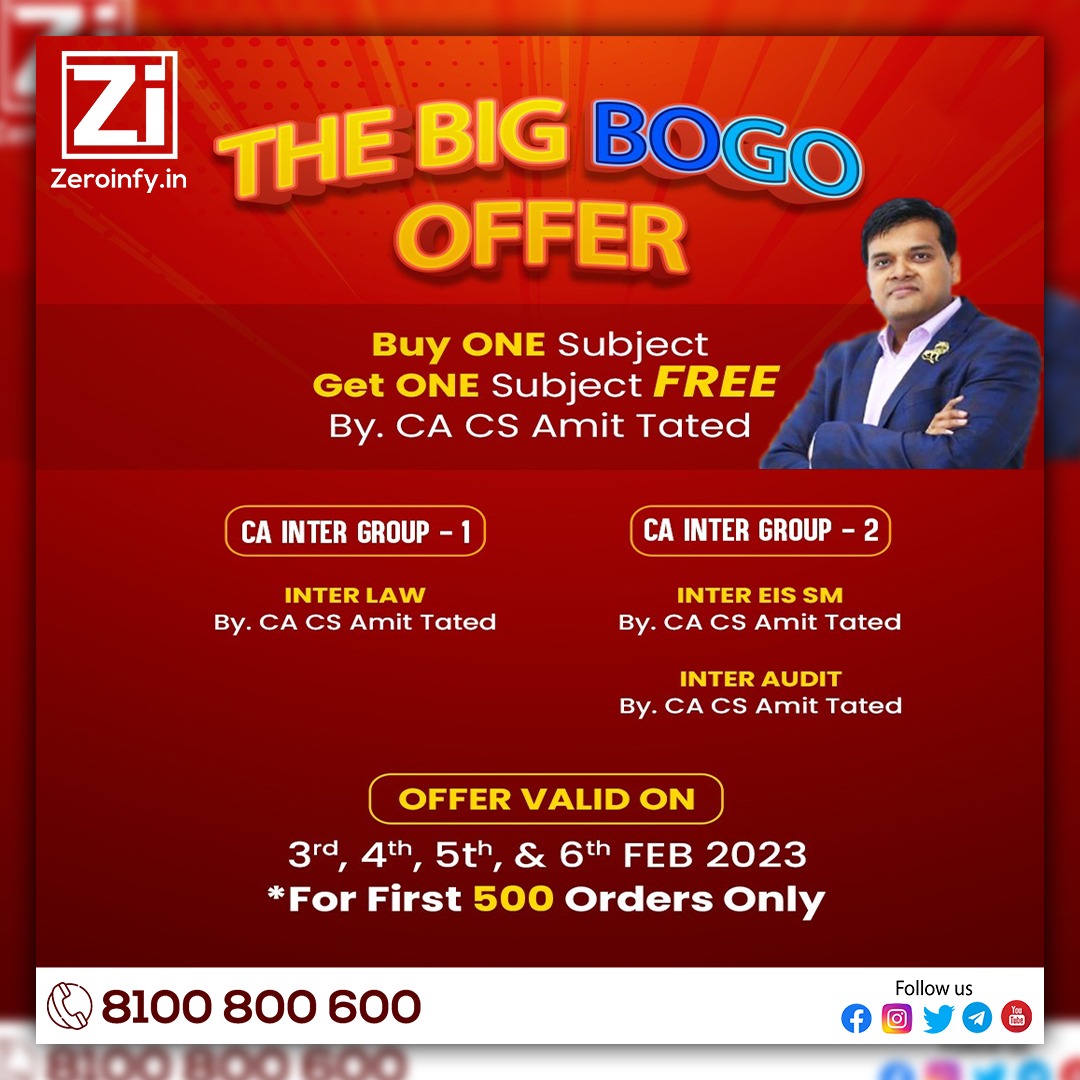 zeroinfy15's tweet image. #BuyOnesubject #GetoneFree - #CAInter Course By #CAAmitTated 

Limited Period Offer || Hurry Up!!

Link- bit.ly/3VO9Rtl

Free &amp;amp; Fast Delivery | Best Price Guaranteed

Call/WhatsApp on 8100 800 600 for inquiries.
