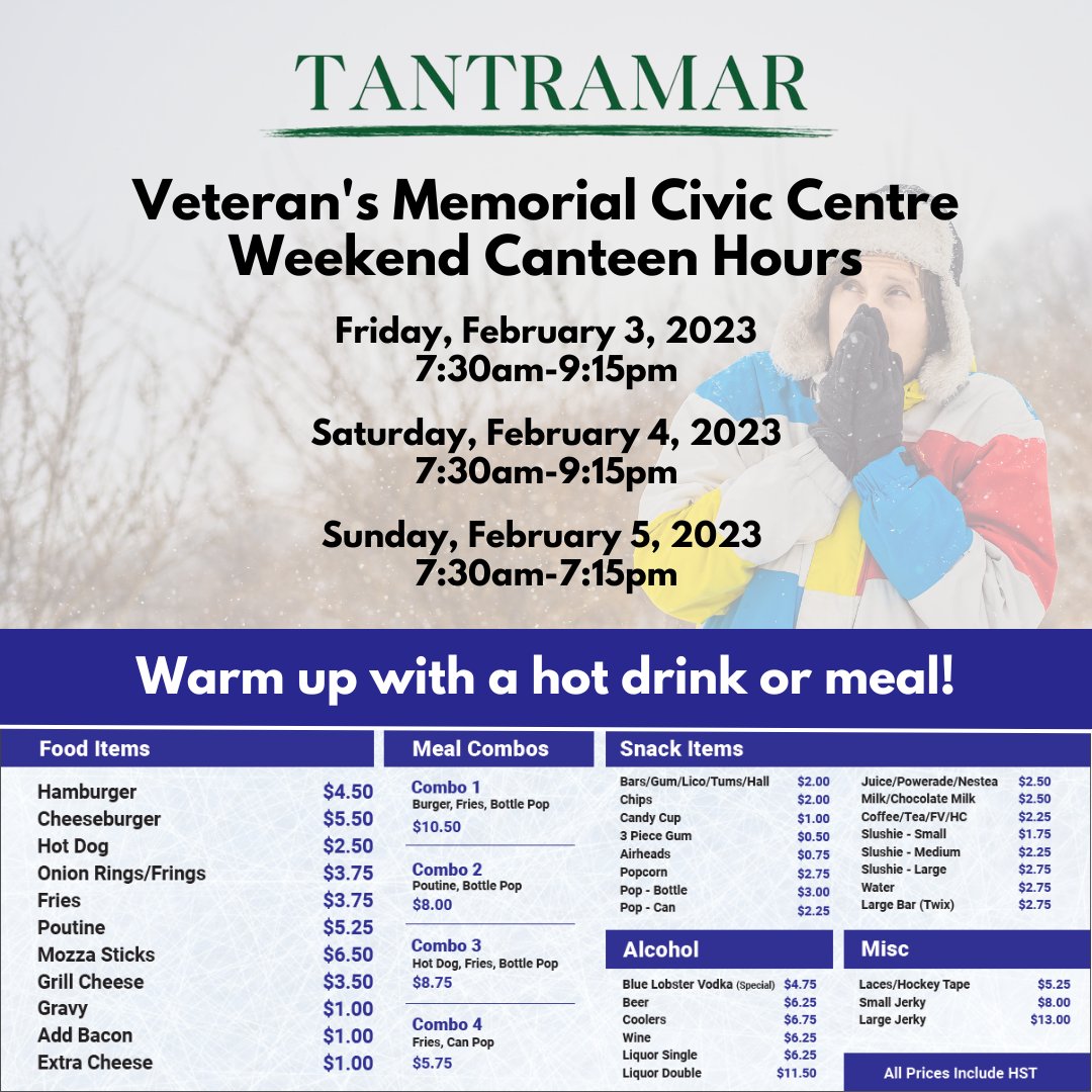 We know it's going to be a cold weekend.  If you need a place to warm up, drop by the Civic Centre for a warm drink or food and check out the great hockey action taking place all weekend long!