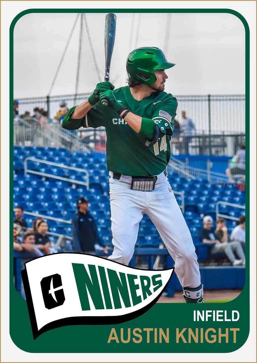 There are 14 Days until @CharlotteBSB Opening Day at the Hayes! Wearing #14 this season for CLT is Infielder @knightaustin14. Knight is one of 11 players in 49ers history to be named All-American. Career .300 hitter w/ 19 HR & 97 RBI in 2 seasons. #9ATC charlotte49ers.com/sports/basebal…