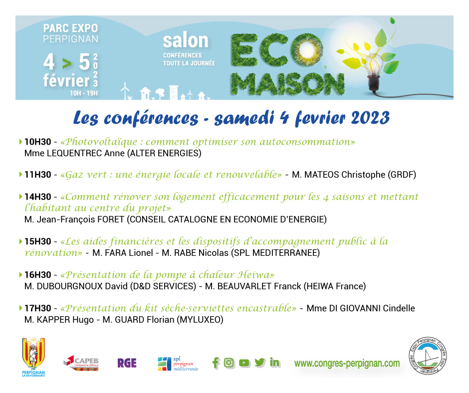 L'espace conférence du Salon Eco-Maison, journée du samedi 4 février
👉🏼Ouverture du salon samedi 4 février 2023
#perpignan #evenement #salon #energie