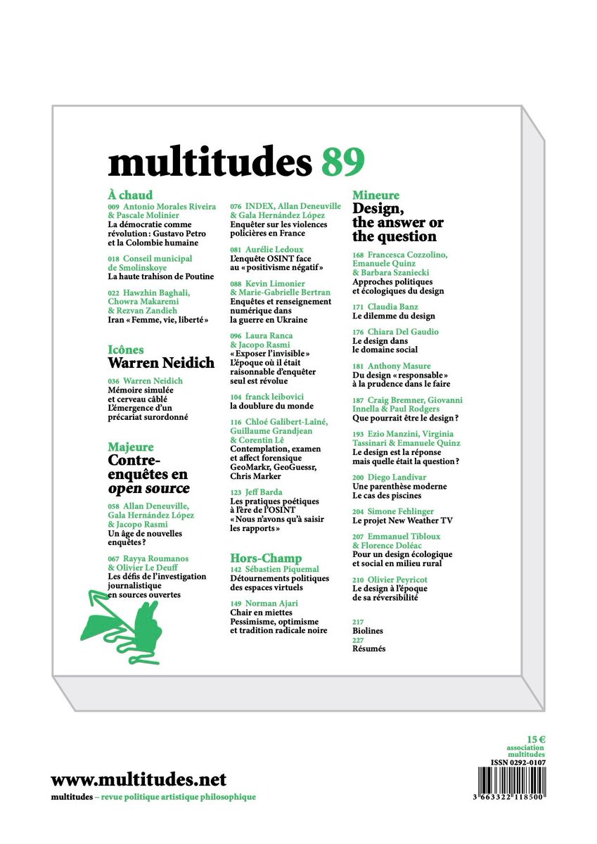 RevueMultitudes's tweet photo. https://t.co/kc0lOAu7jf
Sommaire du N°89 de Multitudes #design #OSINT #opensource #warrenneidich #Iran #traditionradicalenoire https://t.co/y2tldi2PEG
