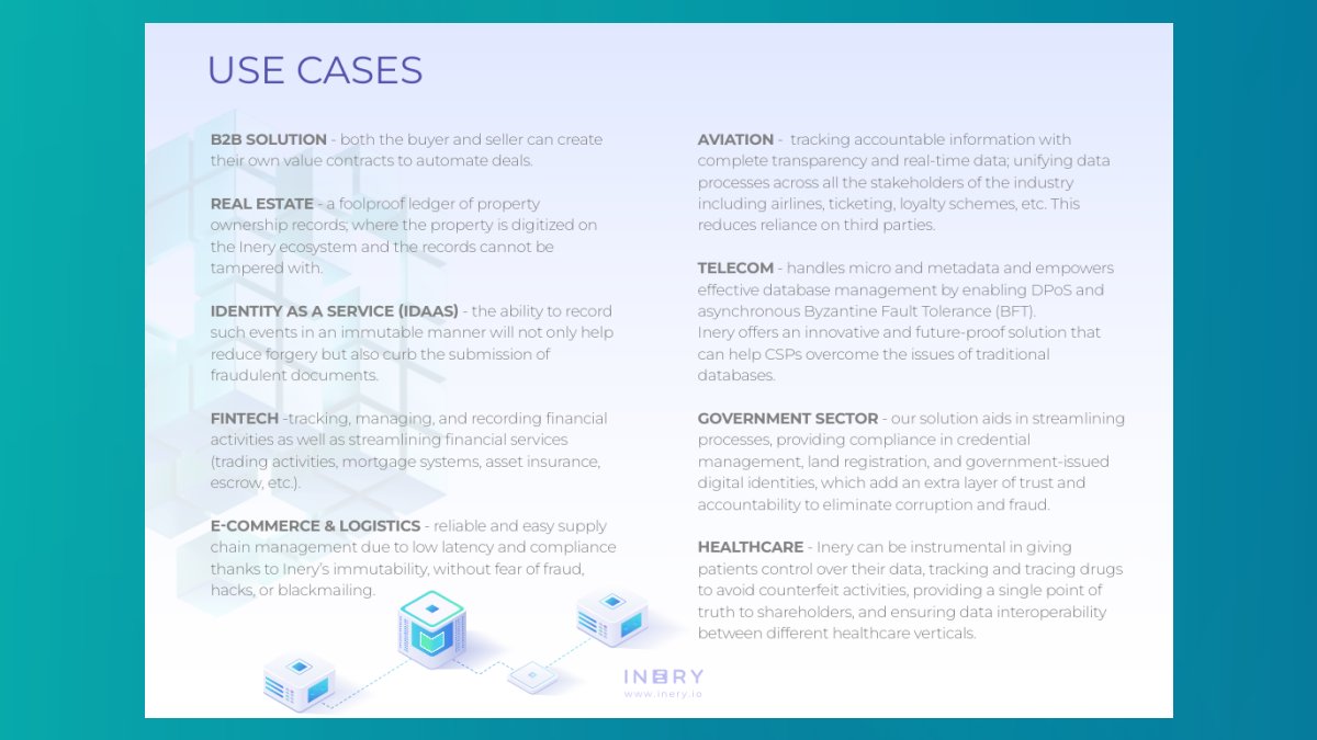 IneryDLT's tweet image. #Ineryblockchain can be used:

🔹as a B2B solution
🔹in real estate
🔹in e-commerce and logistics
🔹in healthcare
🔹in telecom
🔹in identity as a service (IDAAS)
🔹in aviation
🔹in the government sector

Inery blockchain - use cases ⤵️