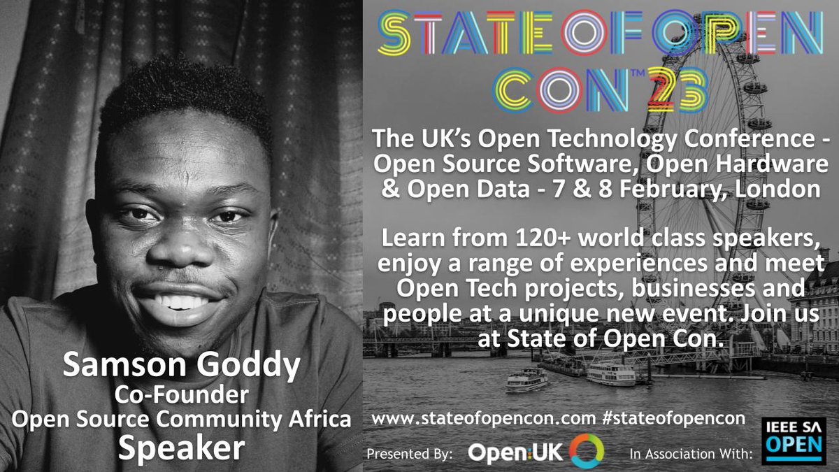 openuk_uk's tweet image. We are very excited to have @Samson_Goddy, Open Source Community Africa, join us at #stateofopencon for the Government Law and Policy Track. Less than a week to go! Do you have your ticket? Register here: stateofopencon.com/tickets/