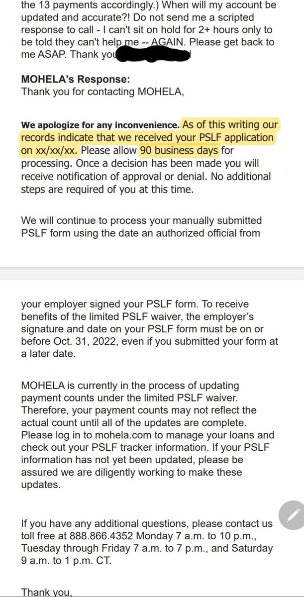 KimBMcD3's tweet photo. February should be PSLF time for me but @MOHELAFAO @MOHELA continues to delay document processing &amp; will not respond via phone or email in any substantive way.  @usedgov also has been unresponsive. See the response to my NINTH email (three 2+ hr calls ). It should be a JOKE https://t.co/x2ZAWkpXJH