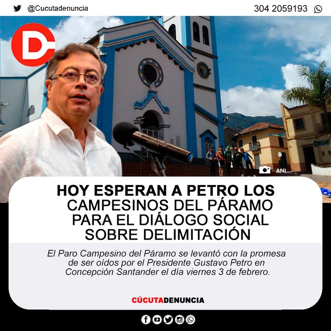 CucutaDenuncia's tweet photo. #ParoCampesino #03Feb
Expectativa por el encuentro del Presidente Petro con los campesinos del páramo
El Paro Campesino se levantó con la promesa de ser oídos por el Presidente en #Concepción #Santander
#PáramoDelAlmorzadero #PáramoDeSanturbán #NorteDeSatander https://t.co/ZOXhFekMSM