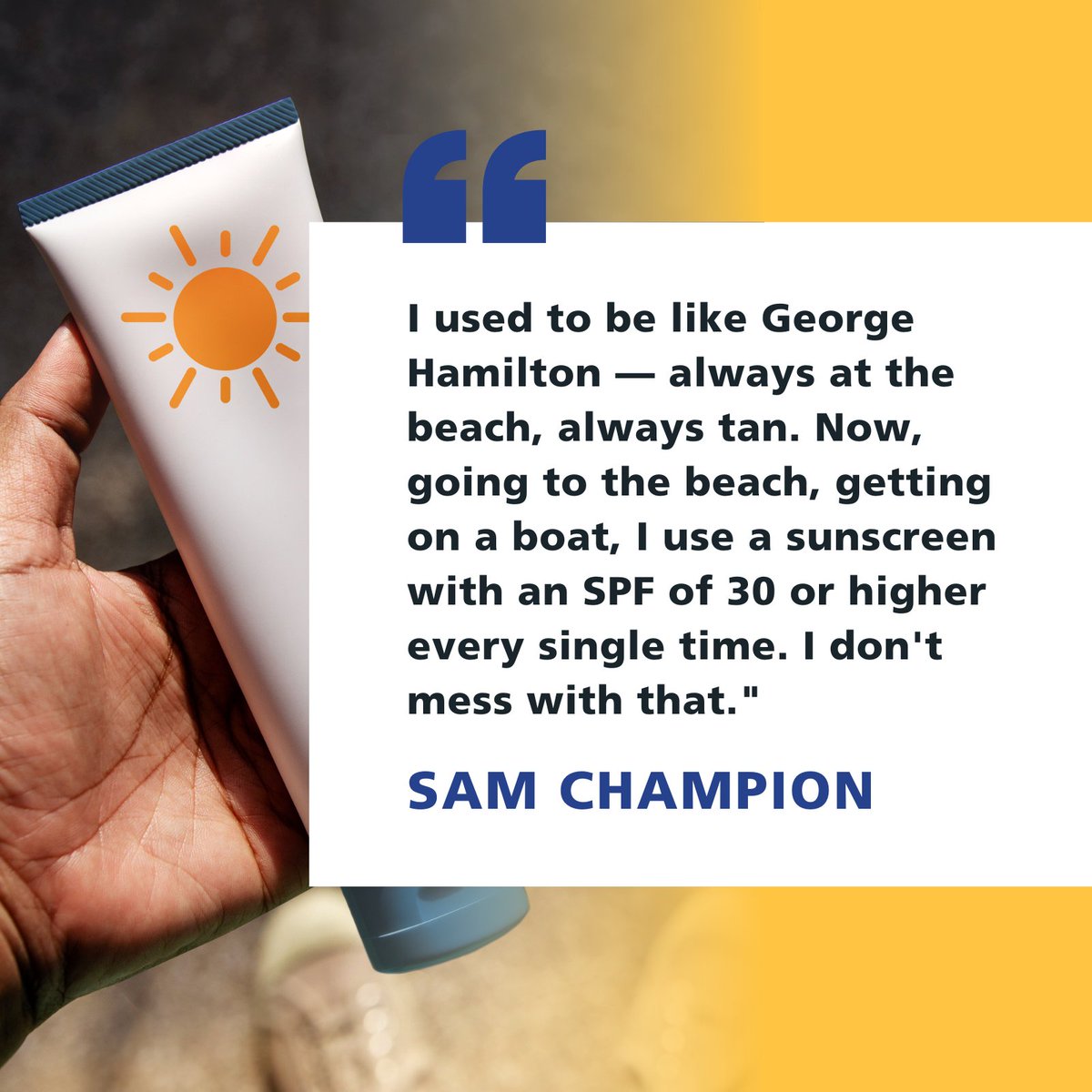 Good Morning America’s Sam Champion remembers being told, "Get your first burn of the season, then your skin will acclimate to the sun.” Unfortunately, he he learned the hard way that this was false. Learn about #melanoma risk factors: bit.ly/3DJr8xE #melanomaawareness