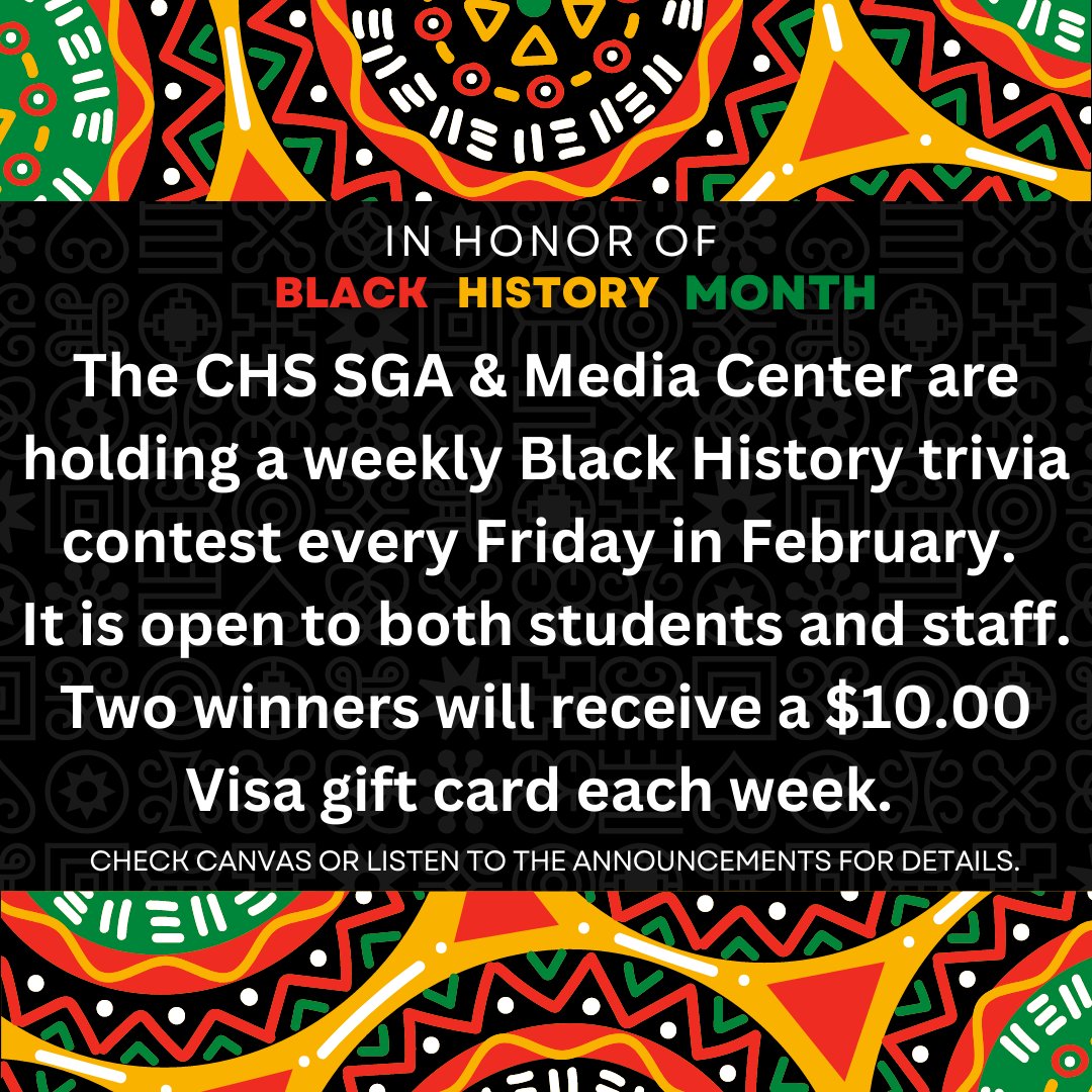 stormmediactr's tweet photo. BHM trivia questions every Friday in February. Open to both students and staff for a chance to win a $10.00 Visa gift card. @chamberlainhigh @CHS_Legacy @hubofschool https://t.co/YZl1QJEljI