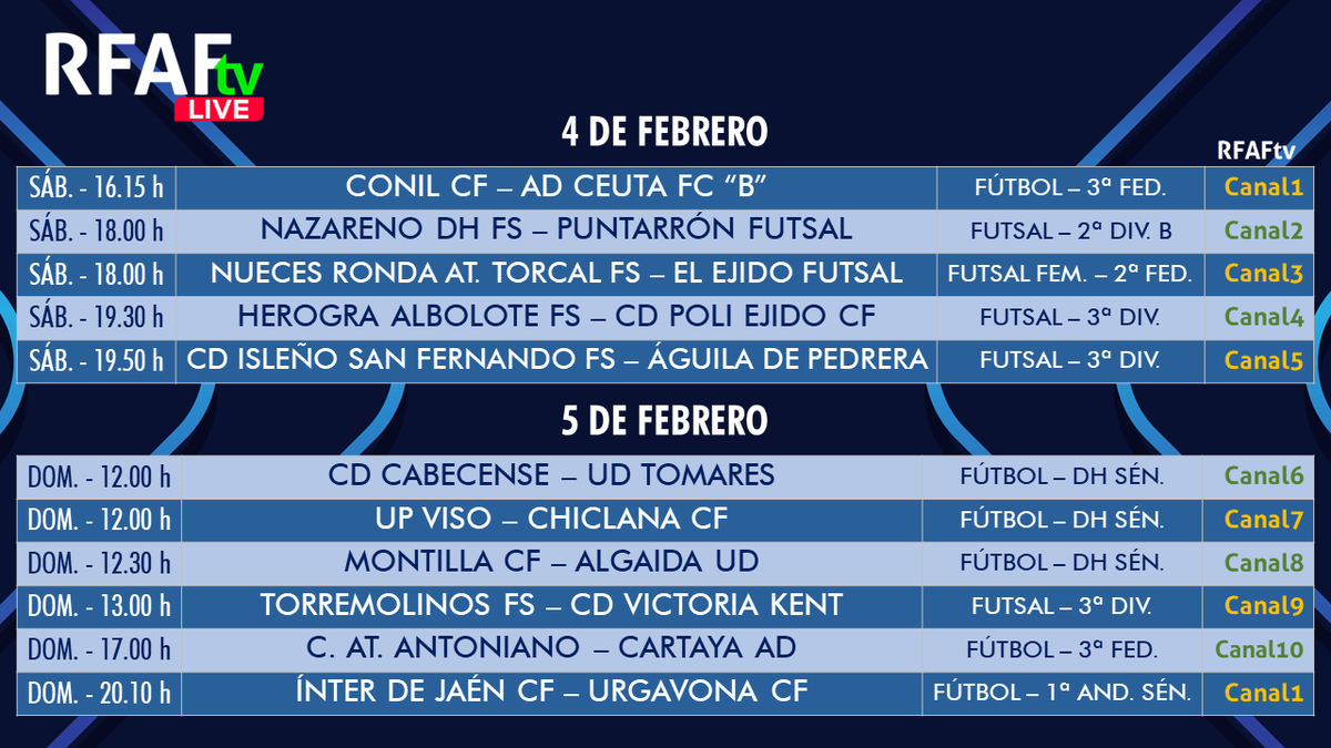 RFAF's tweet photo. 📢 Nuevo fin de semana y nueva programación de @RFAF_tv con 1⃣1⃣ partidazos:
✅ #SegundaFSF
✅ #SegundaBFS
✅ #TerceraFederación
✅ #TerceraFS
✅ #DHS
✅ #PrimeraAndaluzaSénior
📺 Todo en directo y en abierto en la app #RFAFtv y en https://t.co/UOHA6Kojeo https://t.co/bDoU1Frgjp