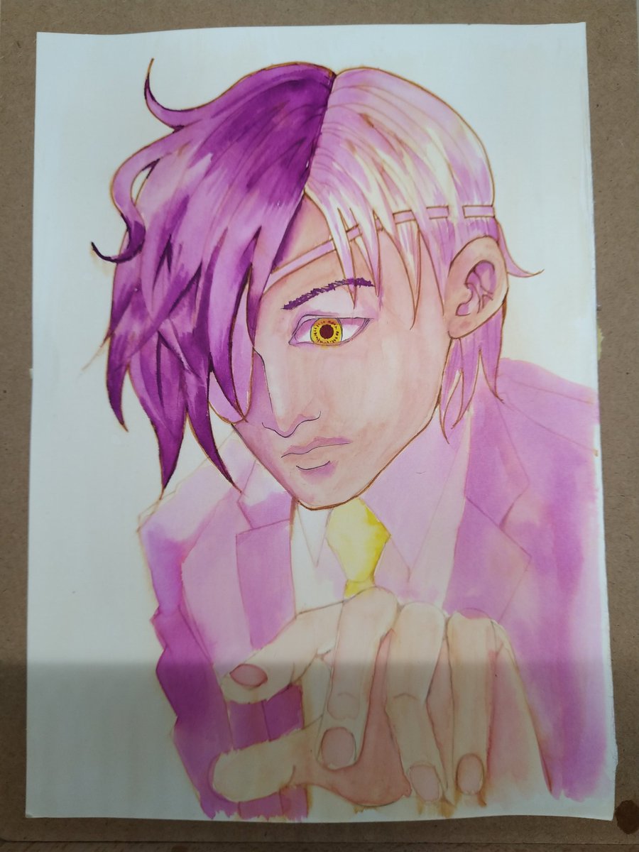 1boy male focus necktie solo traditional media yellow eyes purple hair  illustration images