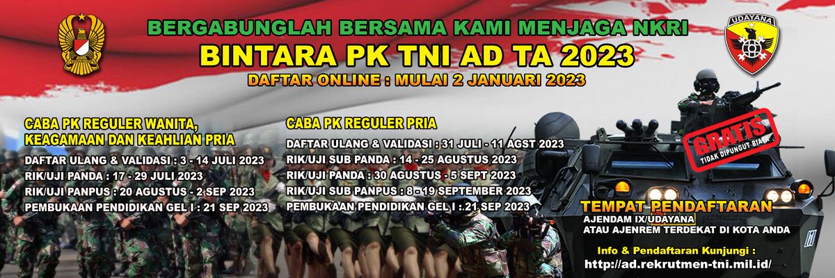 Kodam9Udayana's tweet image. OPEN RECRUITMENT BINTARA PK TNI AD TA. 2023

&quot;SUMBER REGULER PRIA DAN WANITA, SERTA KEAGAMAAN &amp;amp; KEAHLIAN&quot;

#OpenRecruitment 
#PenerimaanPrajuritTNIAD2023 
#TNIADMengabdidanMembangunbersamaRakyat