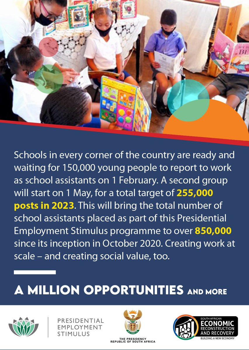 Youth employment opportunities: 150, 000 young people have been employed as school assistants through the Presidential Stimulus Package Programme since 01 February 2023. the second intake will start on 01 May 2023, targeting 255, 000 posts. #PES #LeaveNoOneBehind https://t.co/og6z1xvjIP