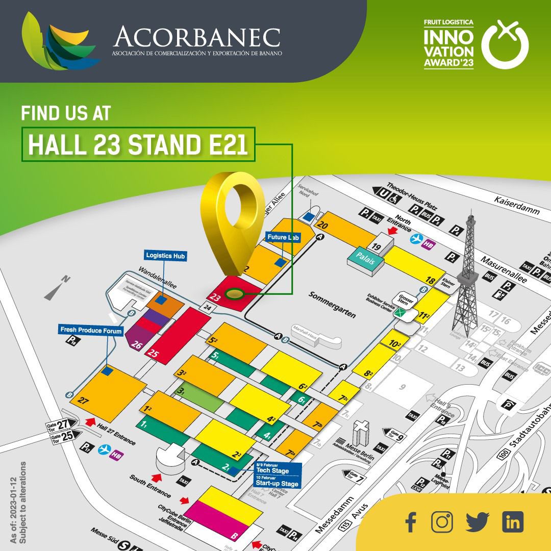acorbanec's tweet image. Estamos a pocos días de celebrar la Fruit Logistica Berlín 2023.

¡Búscanos! Estaremos en el pabellón Américas, Hall 23 Stand E21. Del 8 al 10 de febrero en el Messe Berlin, Alemania.

#fruitlogistica2023 #bananoecuatoriano #acorbanec