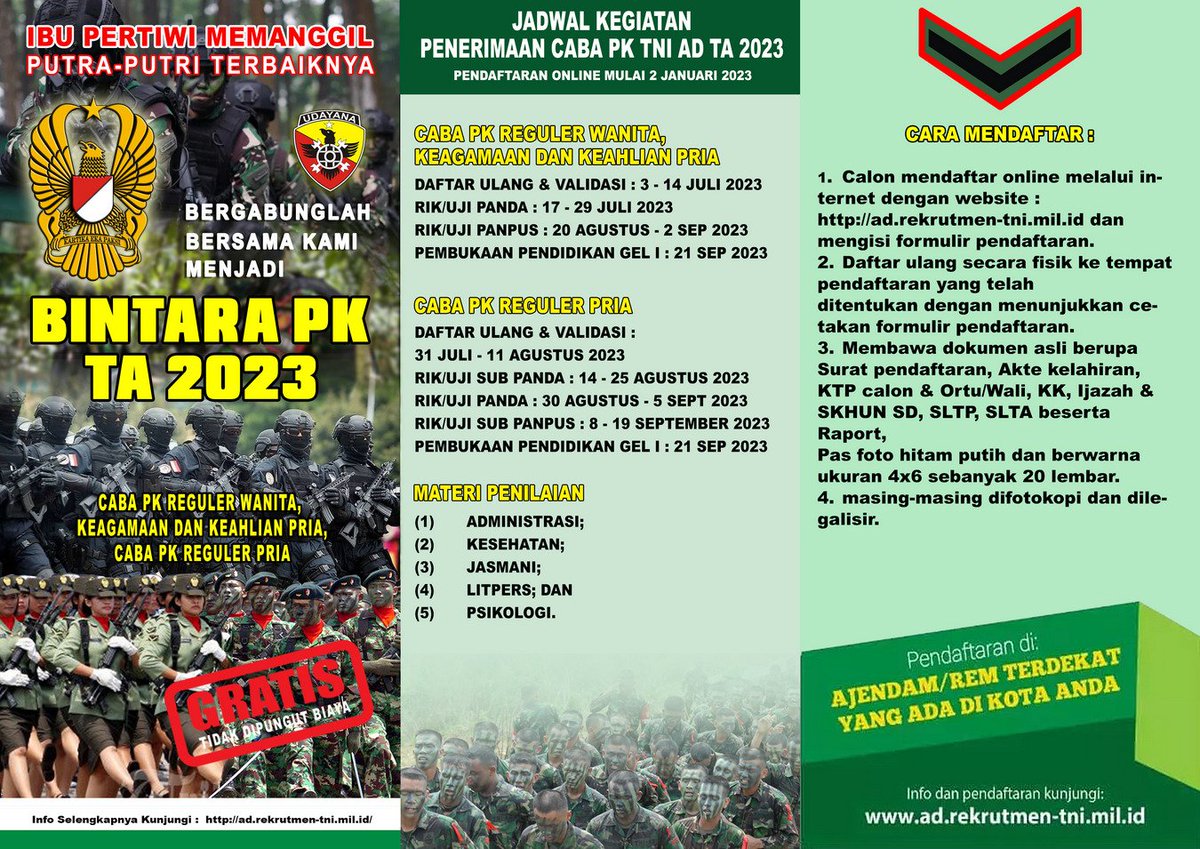 Kodam9Udayana's tweet image. OPEN RECRUITMENT BINTARA PK TNI AD TA. 2023

&quot;SUMBER REGULER PRIA DAN WANITA, SERTA KEAGAMAAN &amp;amp; KEAHLIAN&quot;

#OpenRecruitment 
#PenerimaanPrajuritTNIAD2023 
#TNIADMengabdidanMembangunbersamaRakyat