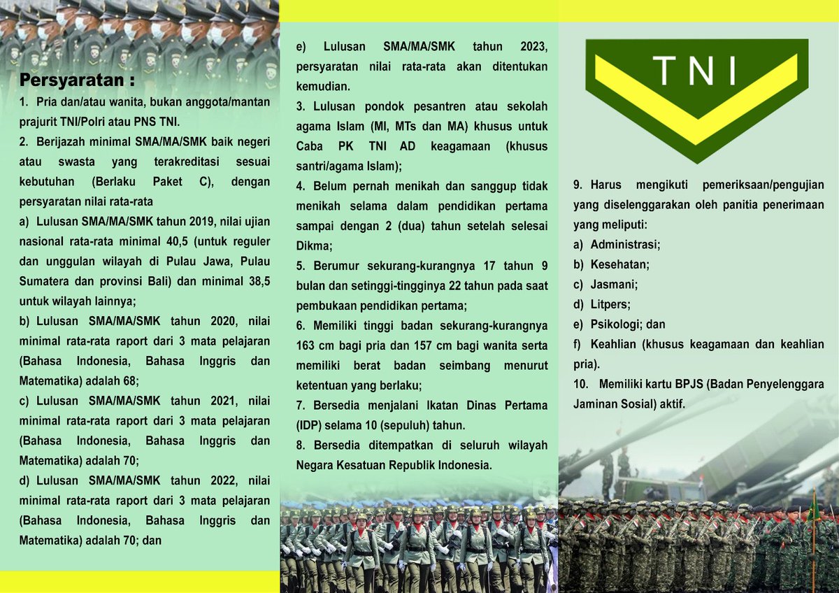 Kodam9Udayana's tweet image. OPEN RECRUITMENT BINTARA PK TNI AD TA. 2023

&quot;SUMBER REGULER PRIA DAN WANITA, SERTA KEAGAMAAN &amp;amp; KEAHLIAN&quot;

#OpenRecruitment 
#PenerimaanPrajuritTNIAD2023 
#TNIADMengabdidanMembangunbersamaRakyat