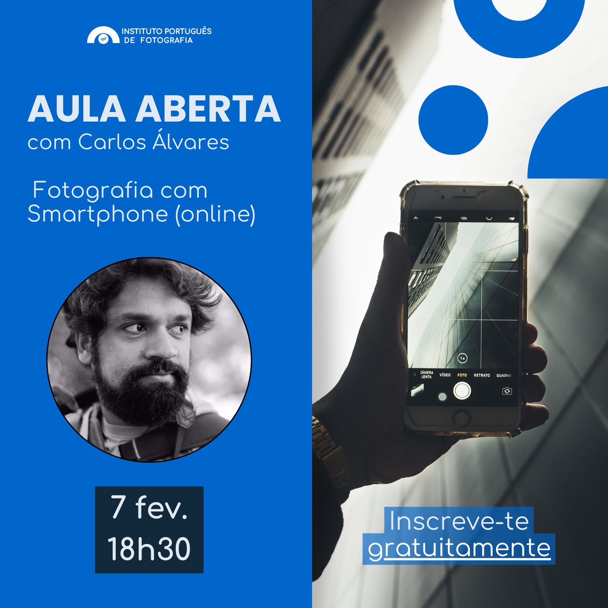 IPF4's tweet photo. E que tal melhorar a forma como fotografas com o teu smartphone?
Aproveita a aula aberta, online e gratuita.
7 fev 2023 | 18h30
https://t.co/OxG3cWciJK https://t.co/oitfQmXfEd