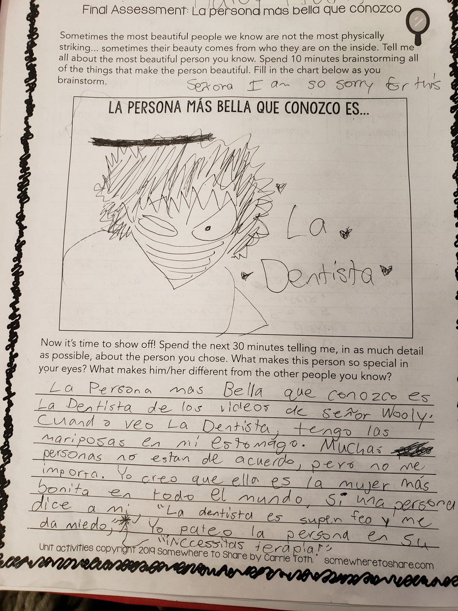 I gave an assessment from Huellas 2.1 while I was out yesterday and this is the first thing I saw on my desk today. I am dying laughing 😂 <a href="/senorwooly/">Señor Wooly</a> <a href="/senoraCMT/">Carrie Toth (Tō-th), NBCT</a>