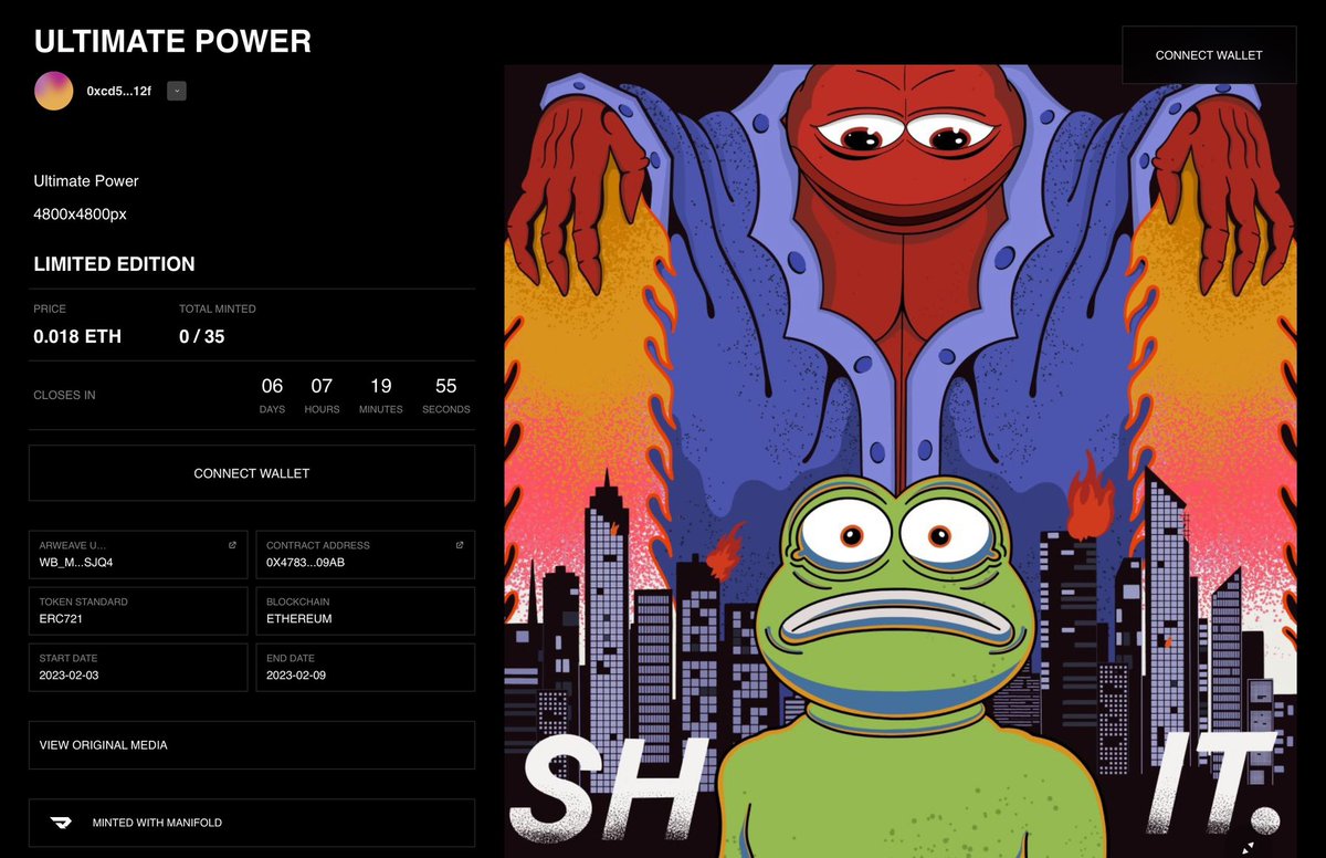 New drop ☄️
Ultimate Power  / 35 editions / 0.018 ETH / 6 days 💥

app.manifold.xyz/c/UltimatePower

Biggest thanks for your support - ❤️ and repost 😛

#NFTs #NFTdrop  #NFTCommunity #pepethefrog  #NFT  #NFTTHAI #NFTartist #nftcollector 
#NFTartwork #NFTcollection #frogfam #manifold