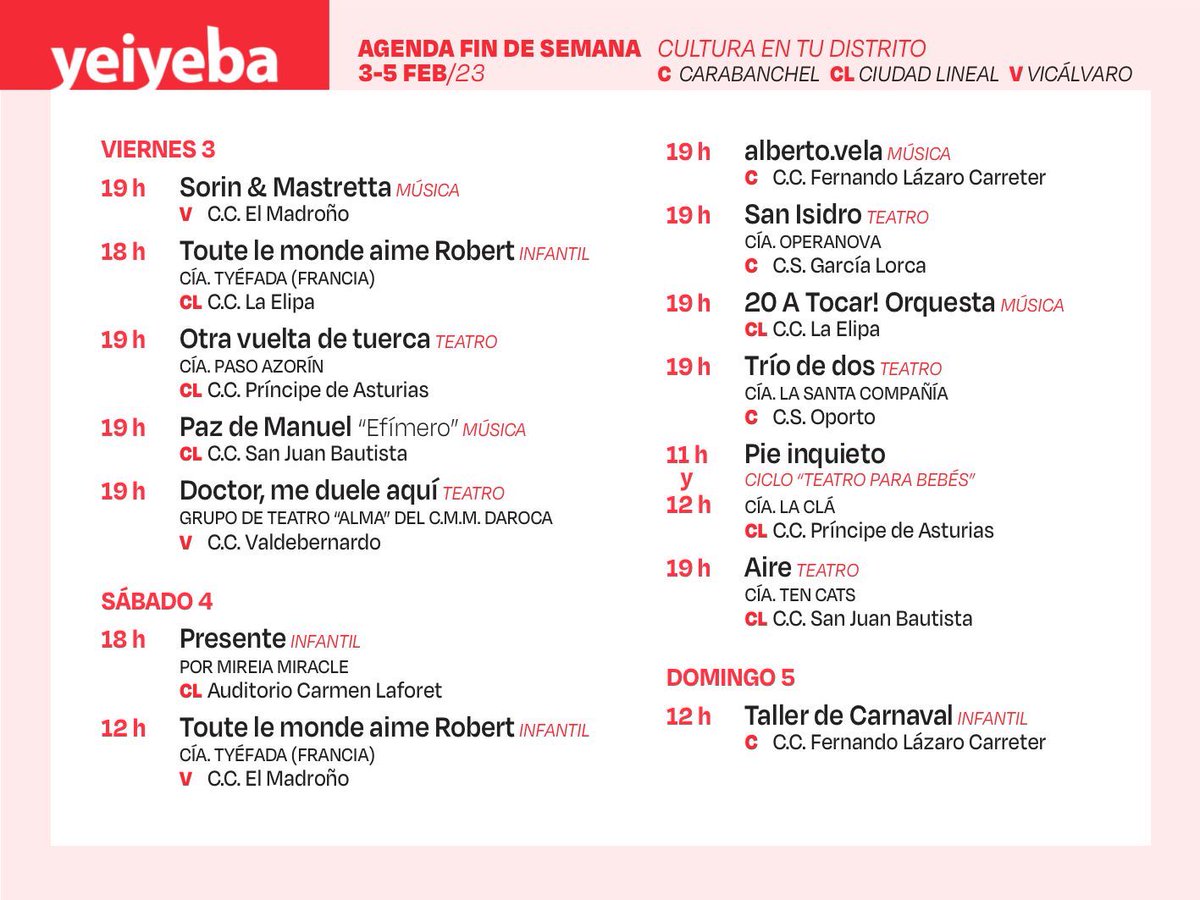 🤔 ¿Estás en Madrid y no sabes qué hacer este fin de semana? Toma nota de los planes que desde hoy viernes hemos preparado para ti en los centros culturales de los distritos de #Carabanchel, #CiudadLineal y #Vicálvaro. ¿Te apuntas? ¡Allí te esperamos! ¡La entrada es gratuita! 😎