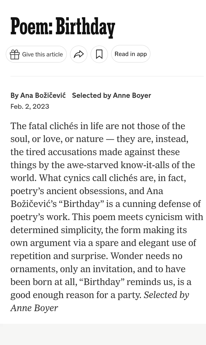 nikkimwalls's tweet photo. Great news poets ✨

Anne Boyer is the 2023 poetry editor for the New York Times Magazine!  She begins her term with a poem written  by  @poemostar called "Birthday" 
https://t.co/8WUyVviymN https://t.co/qao1GMDqez