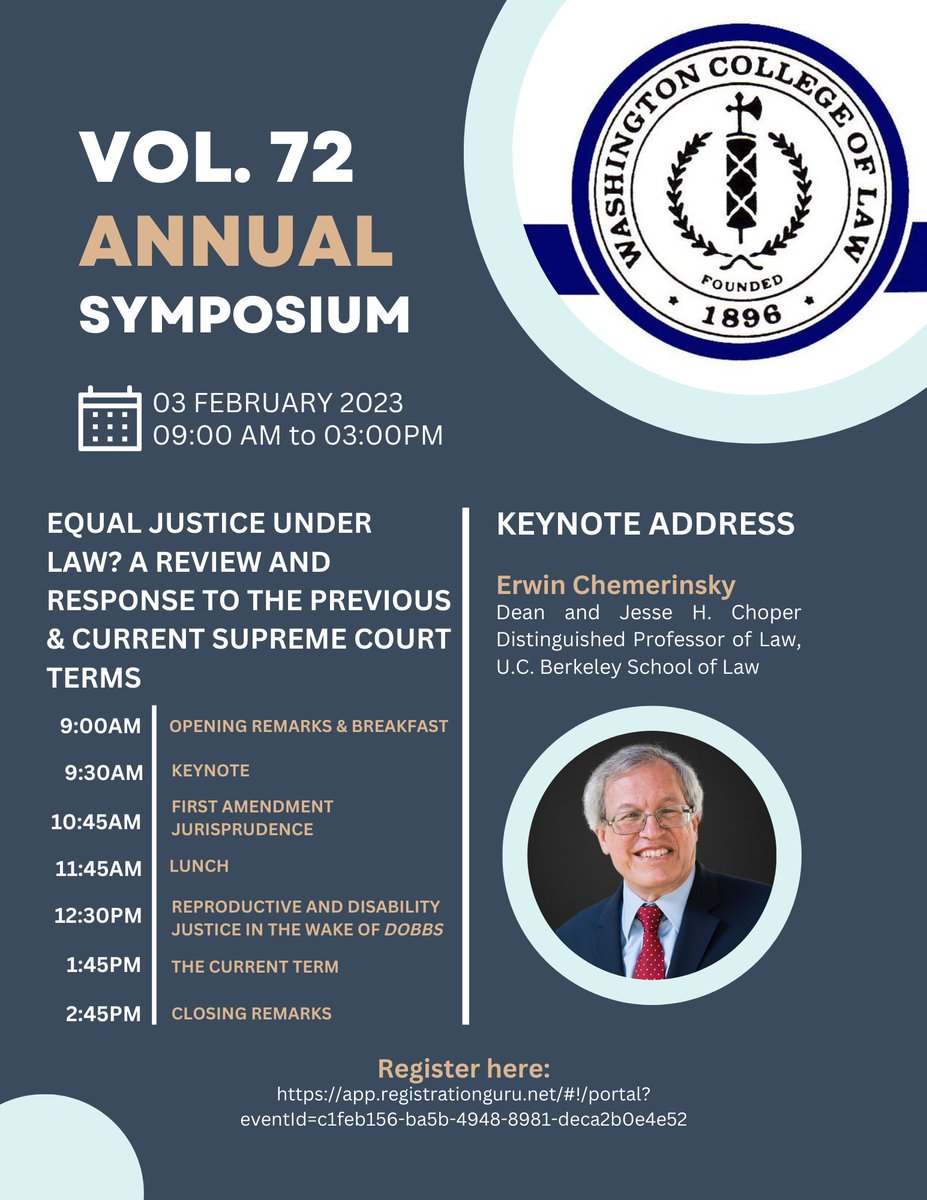 AmULRev's tweet photo. Good morning!  AULR's 2023 Annual Symposium, "Equal Justice Under Law?," starts in less than an hour.  Soon, distinguished Supreme Court scholars and practitioners will explore what is left of the Constitution after the 2021-2022 term.  

But first:  breakfast! https://t.co/nhNFkLDIqY