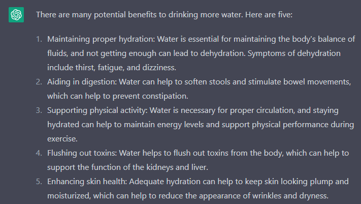 drink_waterdrop's tweet photo. We asked #ChatGPT what are the top 5 reasons to Drink More Water.

We have a lil' favorite from the list.
Which one is yours? 💅 https://t.co/rtKoCnez7X