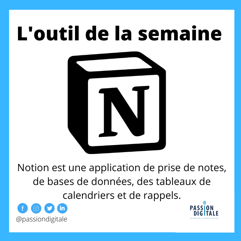 passiondigitale's tweet photo. 𝐋'𝐨𝐮𝐭𝐢𝐥 𝐝𝐞 𝐥𝐚 𝐬𝐞𝐦𝐚𝐢𝐧𝐞

Notion est une plateforme collaborative créée dans le but de centraliser tout votre travail en un seul endroit. 

⁣⁣⁣⁣⁣⁣⁣⁣⁣⁣⁣⁣⁣⁣⁣⁣⁣⁣⁣⁣⁣⁣⁣⁣#marketingdigital  #outils #digitalmarketing #communicationdigitale https://t.co/enfl5mcfeS