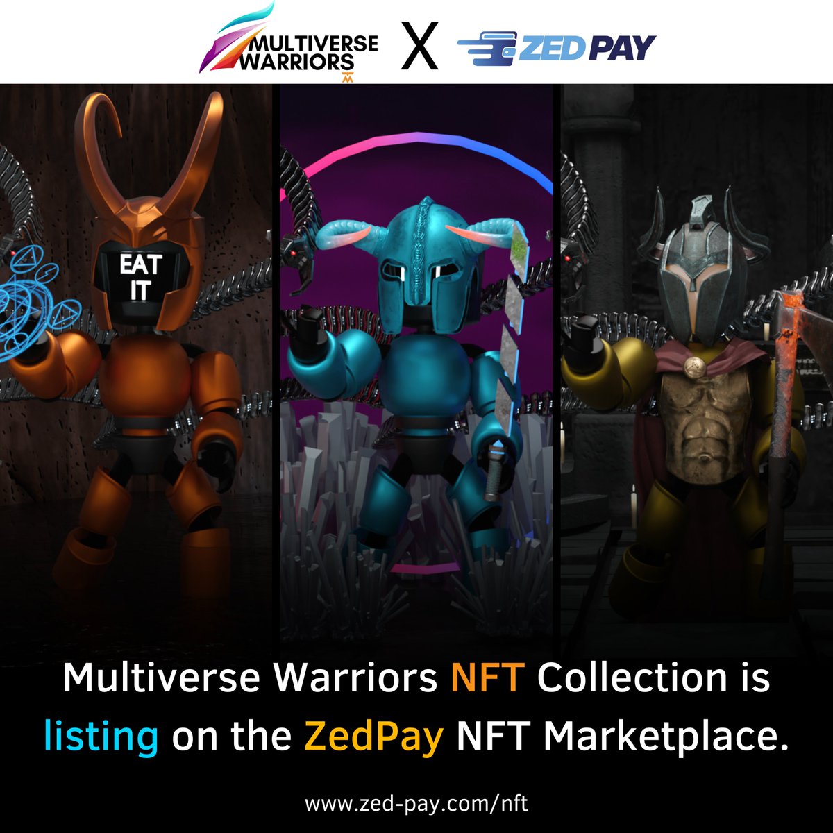 multiversewnft's tweet photo. We started listing our collection on our own NFT marketplace, the ZedPay NFT Marketplace.

Come visit our collection!⬇
https://t.co/3XYYLrYPXE

#NFT #NFTCollection #NFTAirdrop #zedpaymarketplace #multiversewarriors https://t.co/TCMAfhVKrh