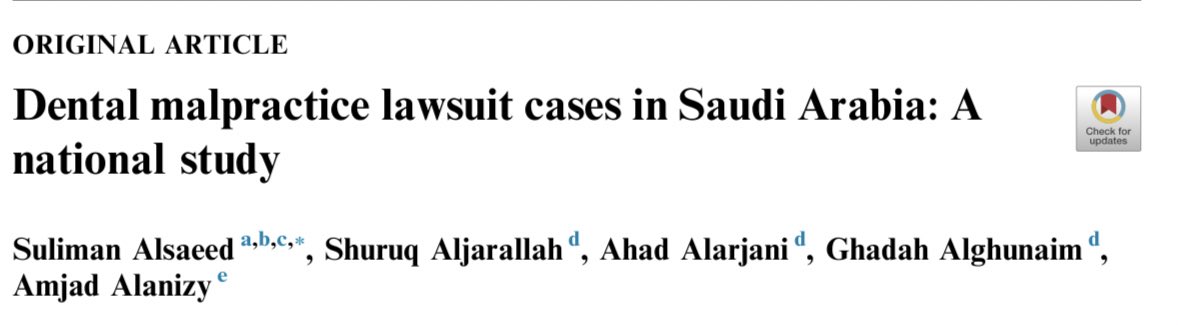 بحث علمي : قضايا الاخطاء الطبية في طب الاسنان بالمملكة العربية السعودية.

بالتعاون مع وزارة الصحة والهيئات المختصة، أجرينا دراسة حول القضايا المسجلة في مجال طب الاسنان بالمملكة العربية السعودية خلال ال ٤ سنوات (٢٠١٧-٢٠٢٠) ، ومجموعها ٨٦٤ قضية .
