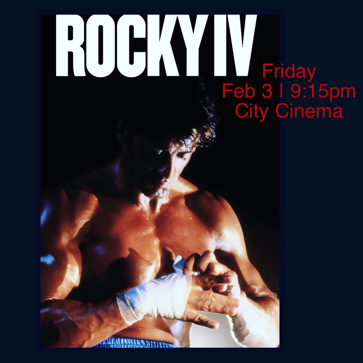 Tonight, Feb 3 at 9:15pm, Rocky IV will be shown at City Cinema.

Presented by Ice City Festival
<a href="/CharlottetownPE/">Discover Charlottetown</a> 

Tickets (bit.ly/3IZUri4)

<a href="/Downtown_Chtown/">Downtown Ch'town,PEI</a> #pei #charlottetown