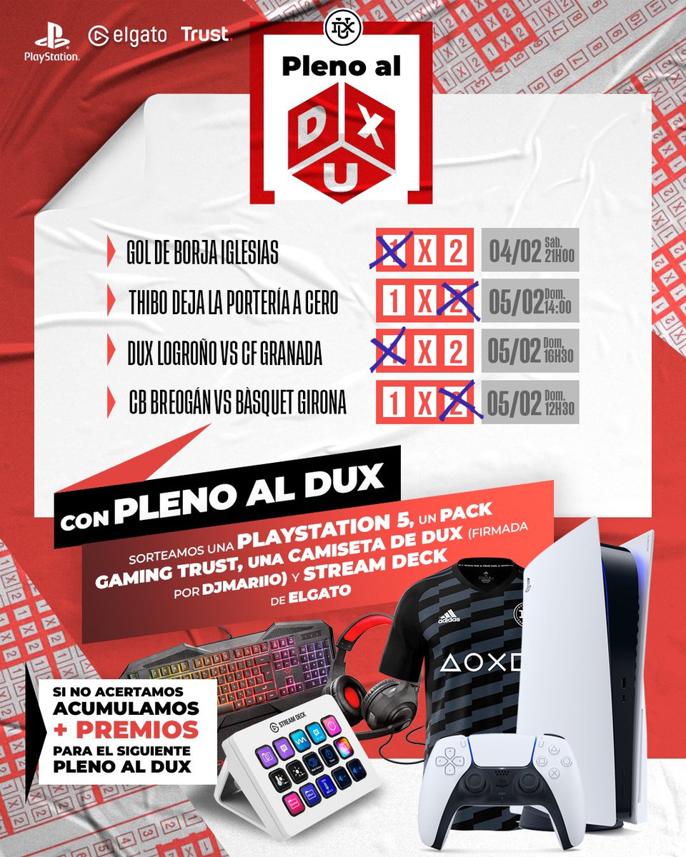 TeamDUXGaming's tweet image. PLENO AL DUX

Ampliamos el sorteo:
PlayStation 5
Pack Trust
Camiseta @DjMaRiiO
Stream Deck

Solo tienes que:
➡️Seguir a @TeamDUXGaming
➡️Dar RT
➡️Mencionar a un amigo en comentarios
➡️¡Que acertemos en las predicciones! 

¡Si no acertamos, el premio crece para la próxima semana!