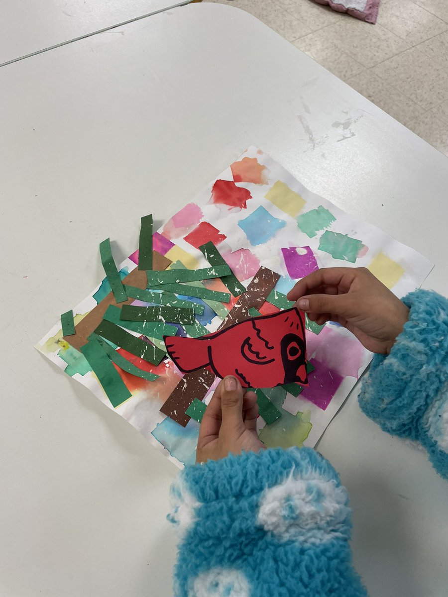 ShepherdStudio's tweet photo. My kinder artists worked SO HARD on these beauties! We finished them up by learning about the cardinal, and drew one ourselves to add to our pine tree branch. #bleedingtissuepaper #elementarycollage #sbisdva #visualarts #sbisdarts #sbisdfa #finearts #visualarts @springbranch_va https://t.co/b4Rrq7VoNA