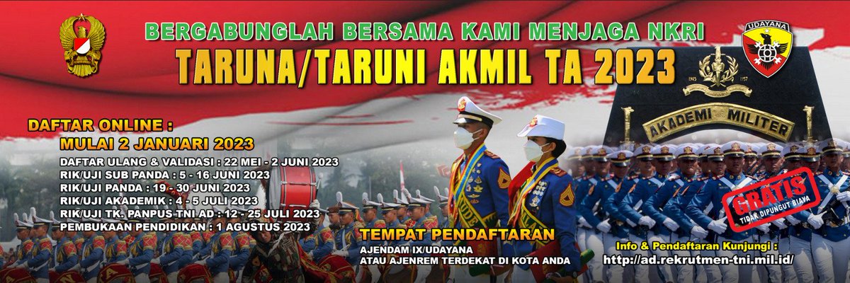 Kodam9Udayana's tweet image. OPEN RECRUITMENT TARUNA &amp;amp; TARUNI AKADEMI MILITER TA. 2023

#OpenRecruitment 
#PenerimaanPrajuritTNIAD2023 
#TNIADMengabdidanMembangunbersamaRakyat