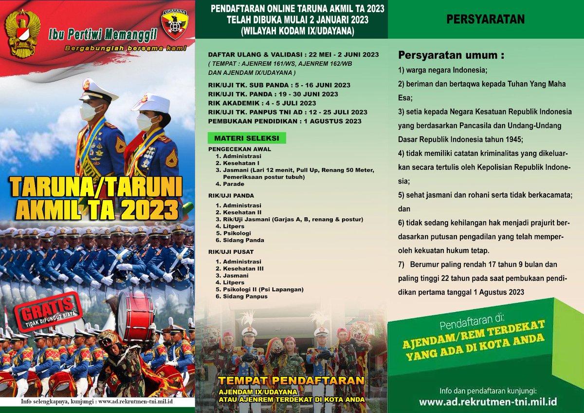 Kodam9Udayana's tweet image. OPEN RECRUITMENT TARUNA &amp;amp; TARUNI AKADEMI MILITER TA. 2023

#OpenRecruitment 
#PenerimaanPrajuritTNIAD2023 
#TNIADMengabdidanMembangunbersamaRakyat