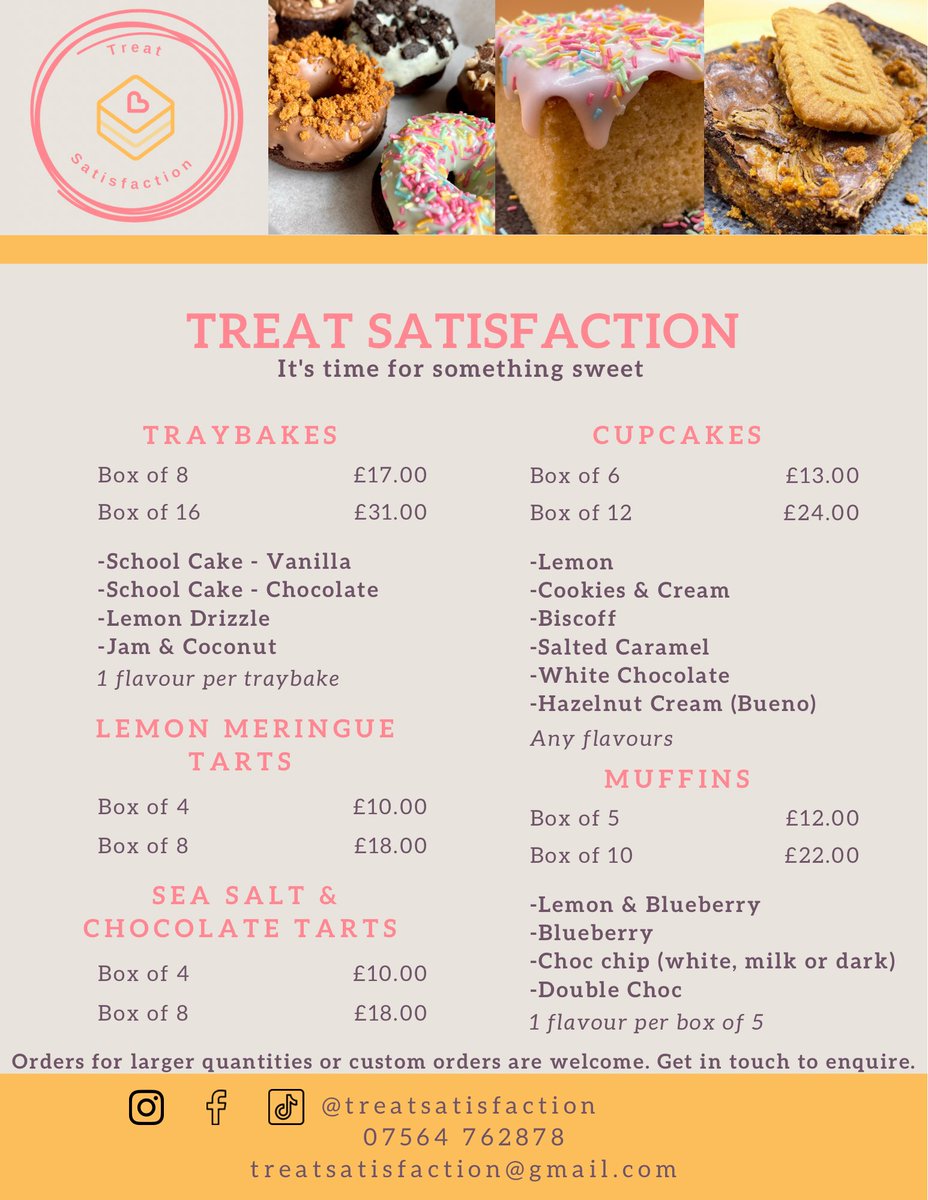 TreatSatisfact's tweet photo. 🧡Menu - 3 pages of deliciousness🧡

#friday #menu #dessert #cakes #brownies #food #snacks https://t.co/VhBqdBD9qD