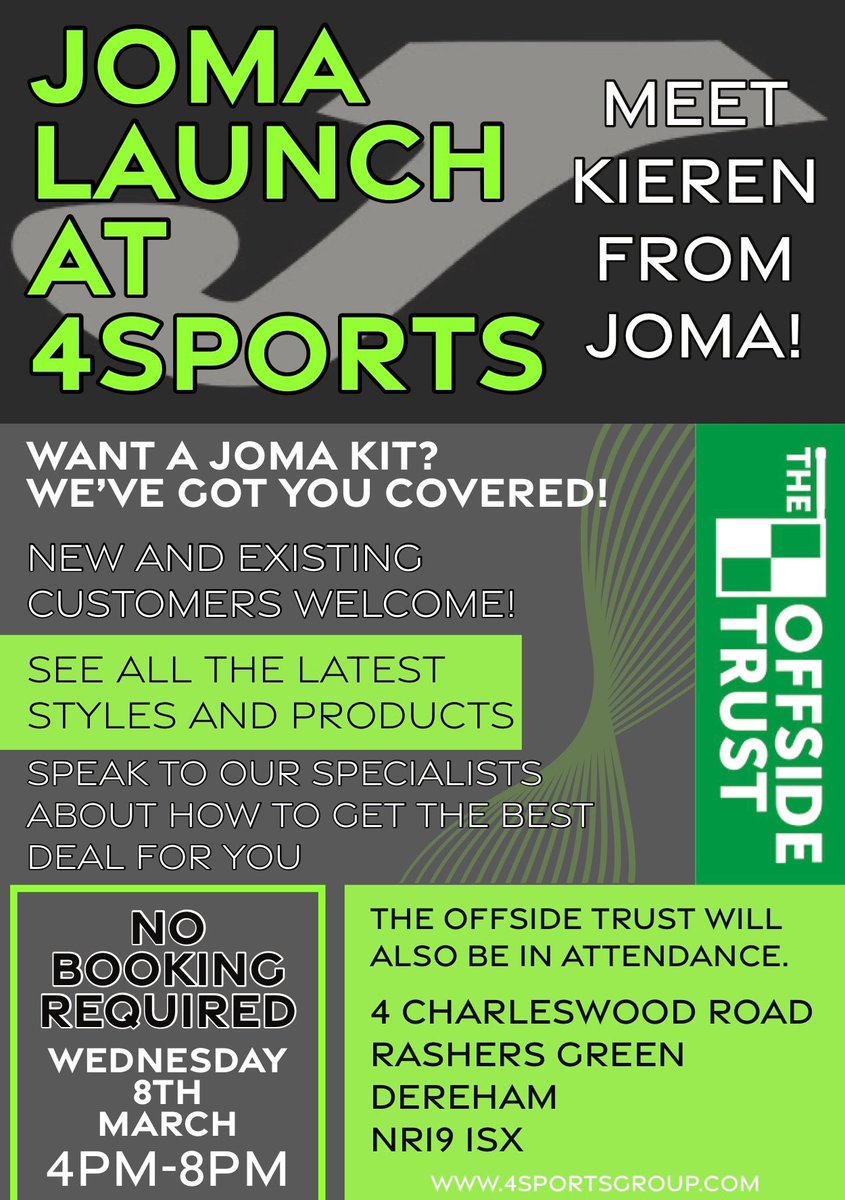 4sports (@4sportsgroup) on Twitter photo 🚨JOMA LAUNCH🚨 Kieren, the area rep for <a href="/JomaSportUK/">Joma Sport UK</a> will be in attendance + samples of the new ranges for ‘23 + our sales team! All new and existing customers welcome! Also delighted <a href="/arber_boy/">Alan 💚PSLCC and Offside Trust ambassador</a> will be there to talk all things <a href="/OffsideTrust/">Offside Trust</a> 🚨JOMA LAUNCH🚨 Kieren, the area rep for <a href="/JomaSportUK/">Joma Sport UK</a> will be in attendance + samples of the new ranges for ‘23 + our sales team! All new and existing customers welcome! Also delighted <a href="/arber_boy/">Alan 💚PSLCC and Offside Trust ambassador</a> will be there to talk all things <a href="/OffsideTrust/">Offside Trust</a>