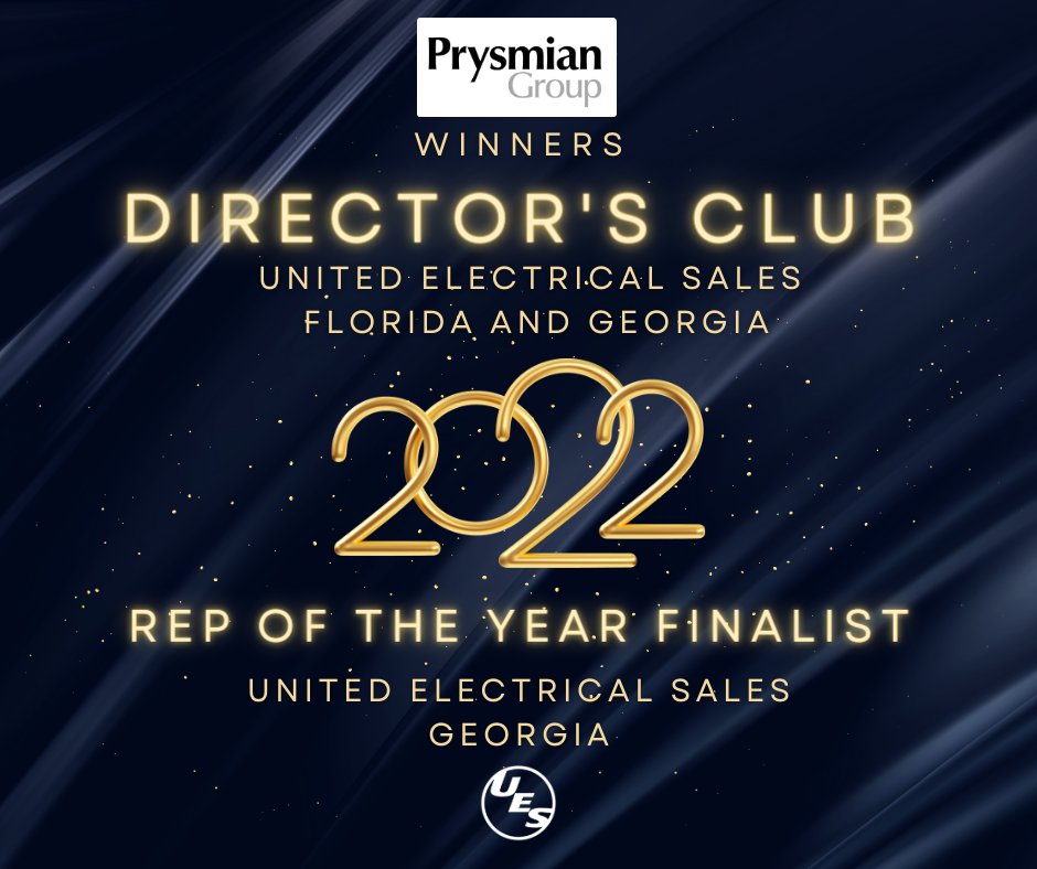 UESrep's tweet photo. UES was honored to be recognized by @PrysmianGroup for outstanding overall year-over-year performance in sales & four KPIs in our FL & GA with the DIRECTOR’S CLUB award & as a REP OF THE YEAR finalist in GA. #UESrep is grateful to #Prysmain for their continued support. https://t.co/BYJIA3YE0E