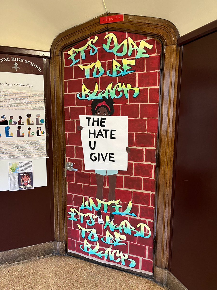 The cover art of The Hate U Give by @angiecthomas is the inspiration for the library door decor! Isn't it amazing? Thank you Peer Leaders for sharing your talents with the BHS Library! https://t.co/KCQ9VxaM1x