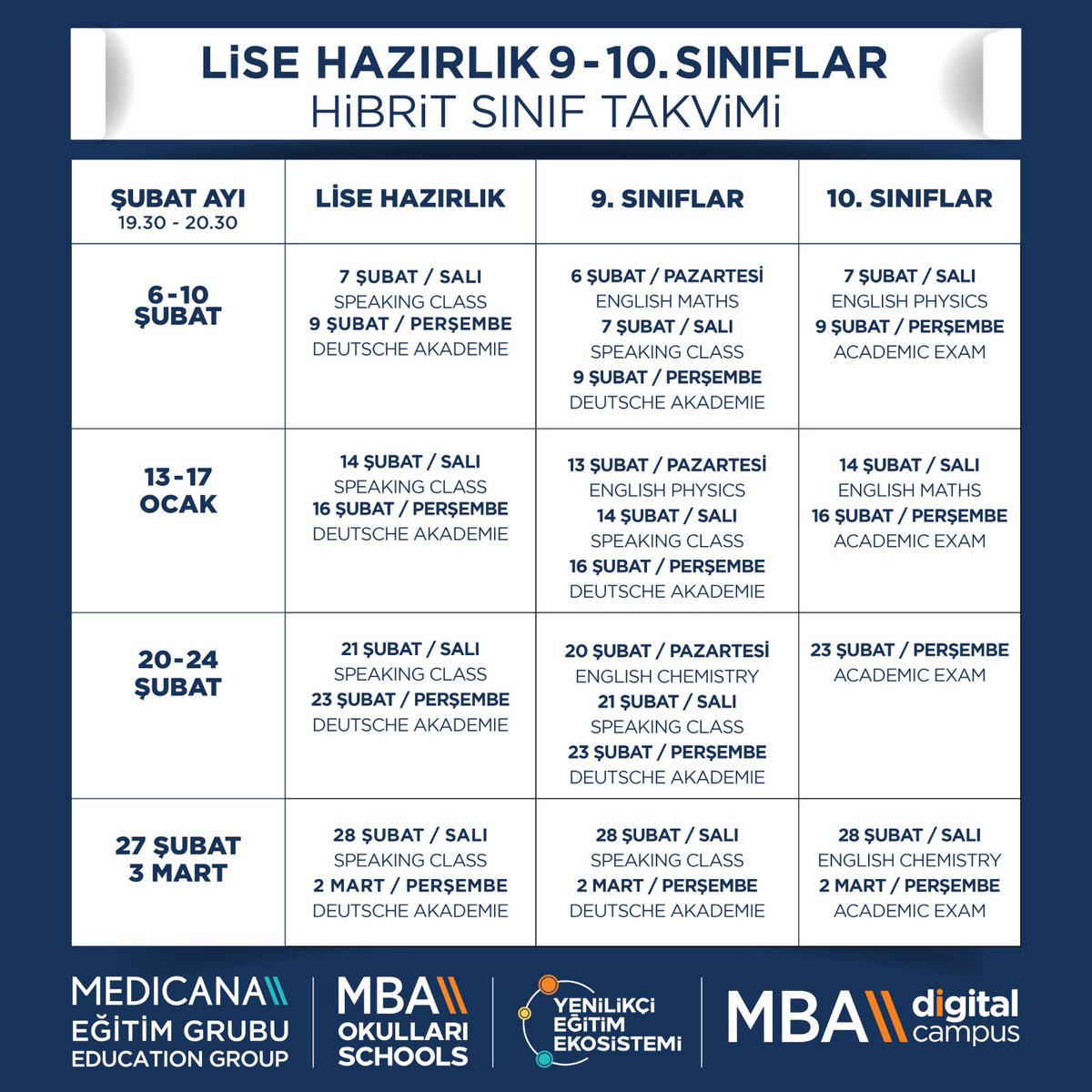 MBA Digital Campus platformunda ortaokul ve lise öğrencilerimiz için hibrit sınıflarımız devam ediyor!
Ortaokul ve lise öğrencilerine yönelik şubat ayı hibrit sınıf takvimini postlarımızı kaydırarak görebilirsiniz.

#MBAOkulları #MedicanaEğitimGrubu