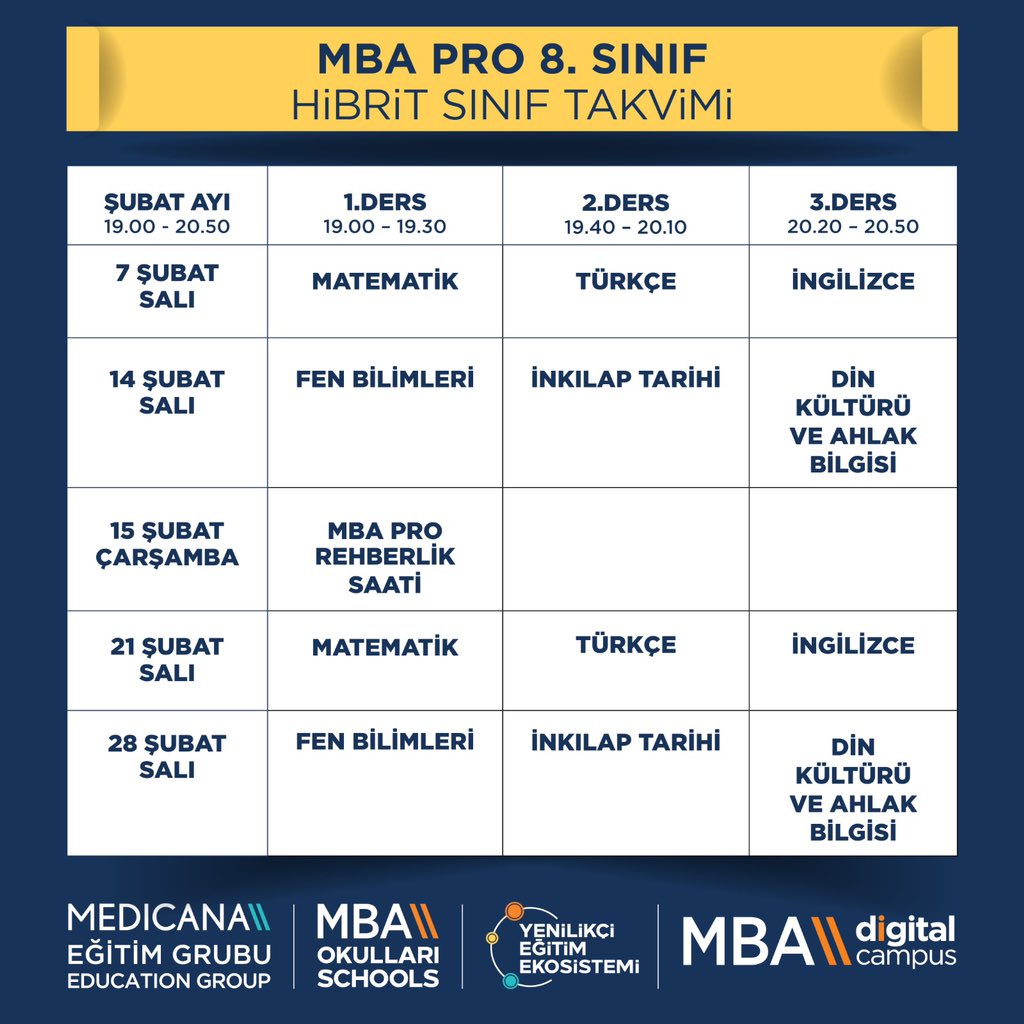 MBA Digital Campus platformunda ortaokul ve lise öğrencilerimiz için hibrit sınıflarımız devam ediyor!
Ortaokul ve lise öğrencilerine yönelik şubat ayı hibrit sınıf takvimini postlarımızı kaydırarak görebilirsiniz.

#MBAOkulları #MedicanaEğitimGrubu
#MBAYenilikçiEğitimEkosistemi