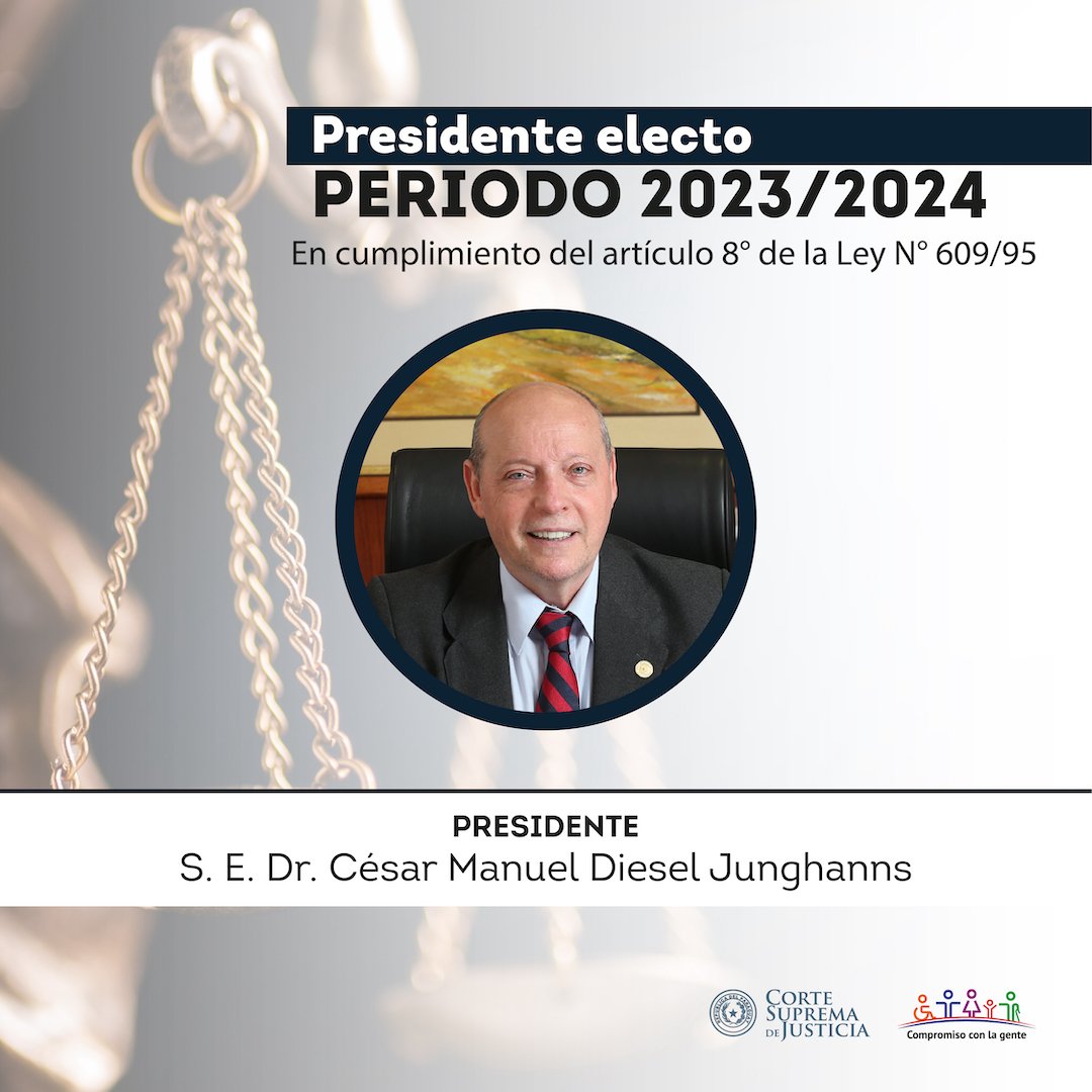 PoderJudicialPY's tweet photo. #SesiónPlenaria

⚖️ Durante la sesión plenaria de este viernes 03 de febrero, la Corte Suprema de Justicia eligió al doctor César Manuel Diesel como nuevo Presidente, en cumplimiento del artículo 8° de la Ley N° 609/95. https://t.co/ZlsUEIuZRa