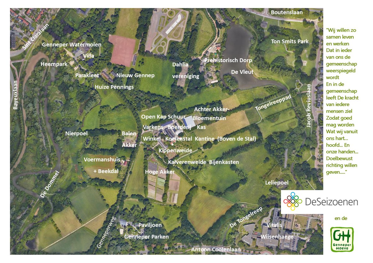 Belangstellenden voor het werken bij #DeSeizoenen en de #GenneperHoeve hebben hier een overzichtskaart van dit prachtige stukje Eindhoven. Rechts in de kantlijn de #Spreuk waarmee wij elke werkdag om 9.00 u op de #Boerderij starten. Mooi werk met mooie mensen.