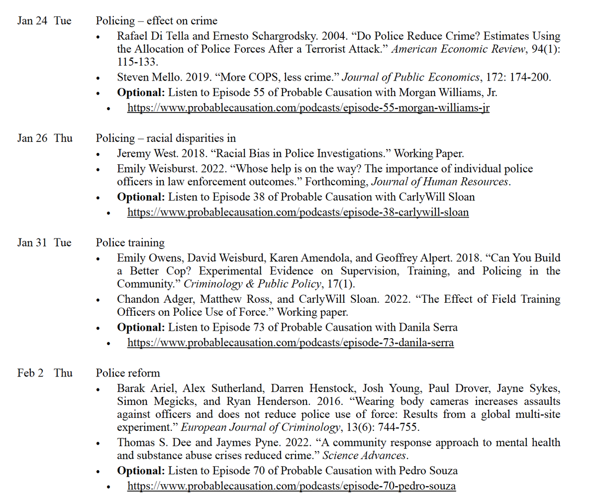 Over the past couple weeks, my undergrad Econ of Crime class has been talking about research on policing. Here are the papers we've read &amp; discussed: