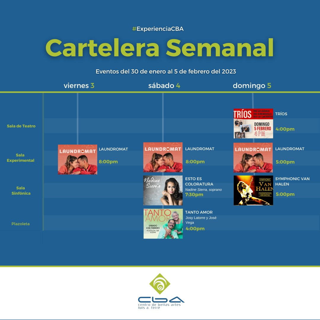 ¡No te pierdas la cartelera semanal del Centro de Bellas Artes! 🎭🎼 

Adquiére tus boletos a través de cba.pr.gov, <a href="/ticketcenterpr/">Ticket Center</a> o <a href="/ticketera/">ticketera</a>.

 #CentroDeBellasArtes #ArteYCultura #CarteleraSemanal