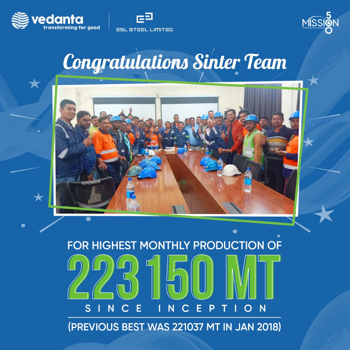 ESLSteelLimited's tweet photo. A FABULOUS JANUARY!   

Congratulations to our BF Team, Rolling Mills Team, and Sinter Team for giving a power-packed performance and creating history in the books of @ESLSteelLimited! 

#WeAtESL #TransformingForGood https://t.co/kBAFObu2JW