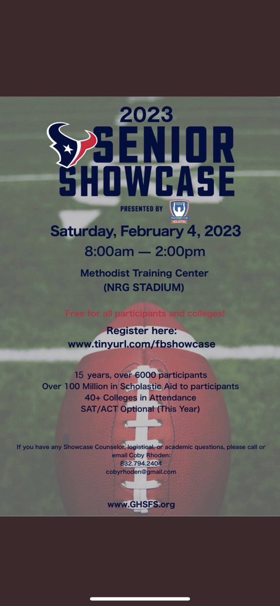 Calling all class of 2023 seniors we hope to see you on tomorrow at NRG Bubble <a href="/SRfbshowcase/">srfbshowcase</a> to earn a scholarship from over 40+ colleges ready to give you one. Be there on time ready to work.
#Srfbshowcase2023
#NFLAlumni 
#GloryFitness #BoykinsYouthFoundations