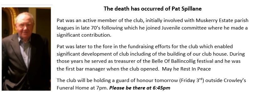 BallincolligGAA's tweet photo. *Update* on Pat Spillane Funeral Guard of Honour - will now be held at 10:45 tomorrow (Sat) outside the Church (St Mary &amp; St John) before funeral mass. Sincere thanks. https://t.co/IH6X3XvurU