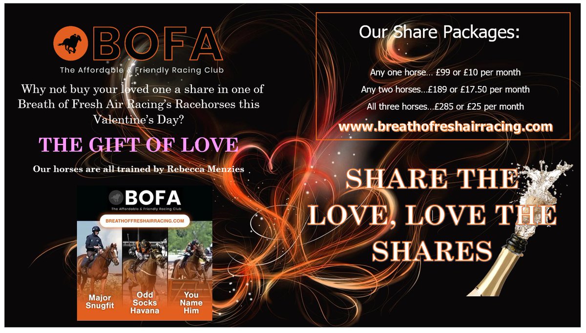 bofaracingclub's tweet photo. She won't want boring old red roses that will cost you a small fortune this year. He'll not want more aftershave
Why not a present that they will never forget &amp; get so much pleasure from?
SHARE THE LOVE, LOVE THE SHARES
@RebeccaEMenzies @NewcastleRaces @HexhamRaces @Racehorse_UK https://t.co/rz8Jwj3o5e