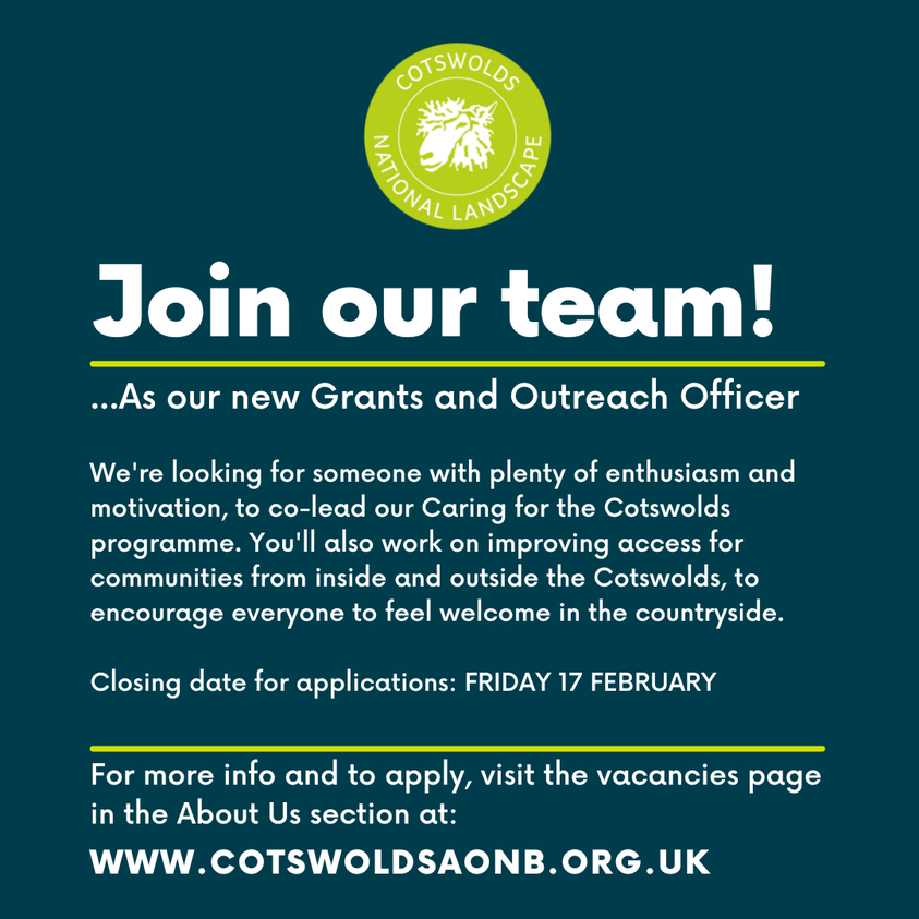 An exciting opportunity for someone with a passion for nature!

@CotswoldsAONB are looking for a new Grants and Outreach Officer to join their team. The role requires no previous experience, as a full training programme will be offered. 

cotswoldsaonb.org.uk/about-us/jobs-…